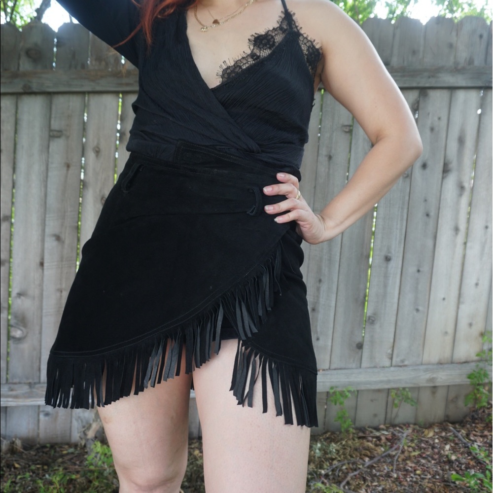 Cache real leather fringe skirt